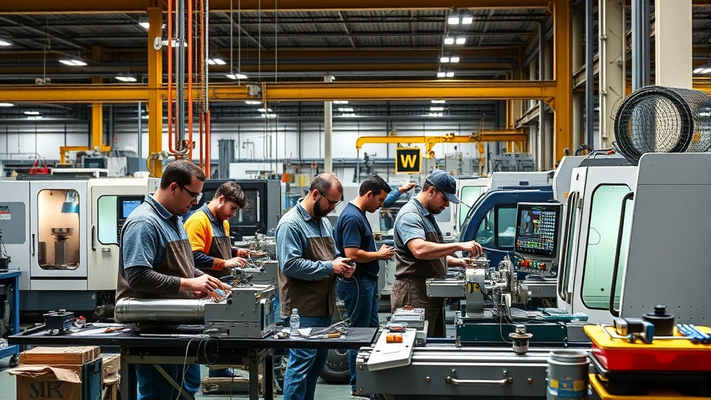 Diverse team of skilled workers in manufacturing plant operating CNC machines and precision equipment, focused on tool production with industrial facility setting