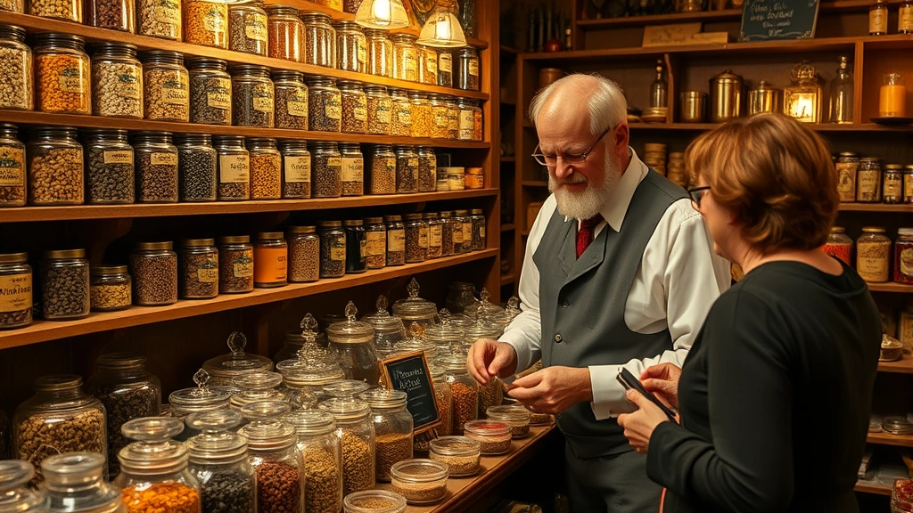 Professional spice merchant in historic colonial-era shop with wooden shelves, glass jars of colorful peppercorns and dried spices, warm candlelit atmosphere, authentic period detail, customer examining products