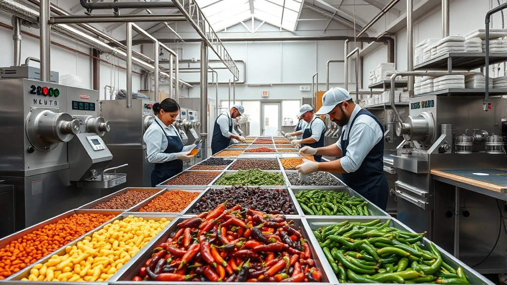 Modern artisanal spice production facility with stainless steel equipment, quality control inspection of premium pepper varieties, workers in professional attire, clean industrial setting with natural lighting