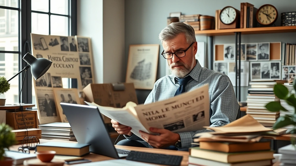 Contemporary family business owner in office reviewing heritage company documents and old photographs, surrounded by historical artifacts and modern business technology, representing legacy and innovation blend