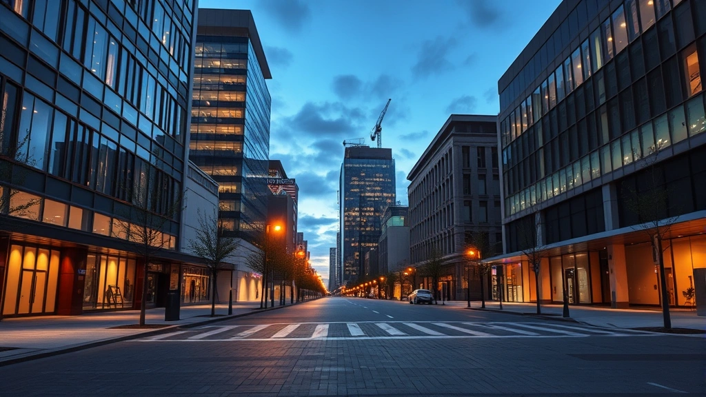 Professional business district at dusk with modern office buildings, streetlights illuminating empty sidewalks, conveying economic uncertainty and business transition