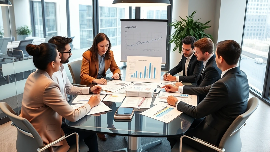 Diverse group of professionals in modern conference room reviewing strategic documents and charts, discussing economic recovery plans and diversification strategies