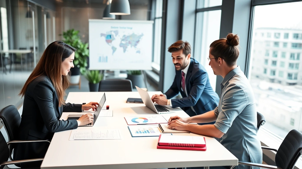 Professional business team in modern office collaborating around conference table with laptops and notebooks, discussing sales strategy and metrics