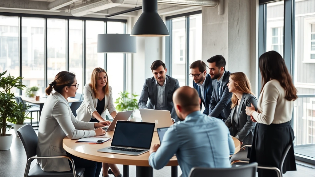 Professional business team in modern office environment brainstorming around table with laptops and tablets, collaborative atmosphere, natural lighting from large windows, diverse group of professionals engaged in strategic discussion