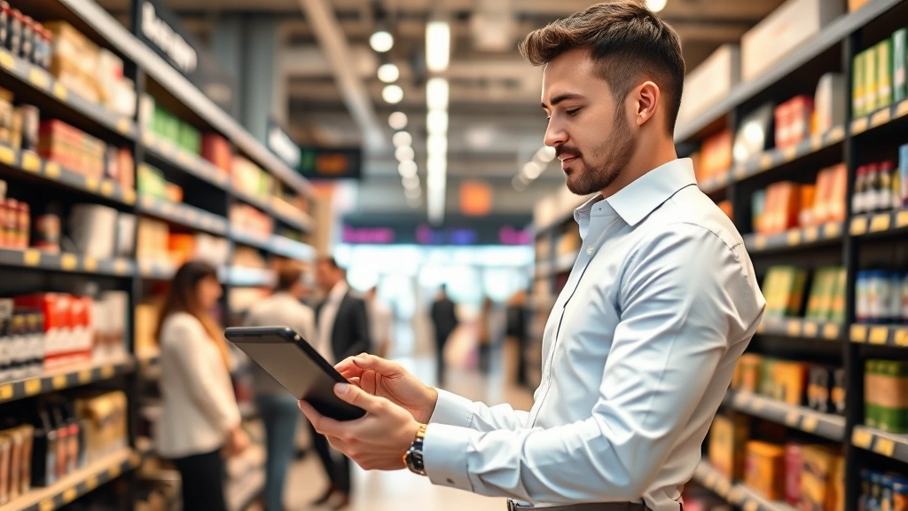 Retail store manager using tablet POS system to check inventory, modern retail environment with products on shelves, natural customer interactions in background, professional business casual attire, bright store lighting