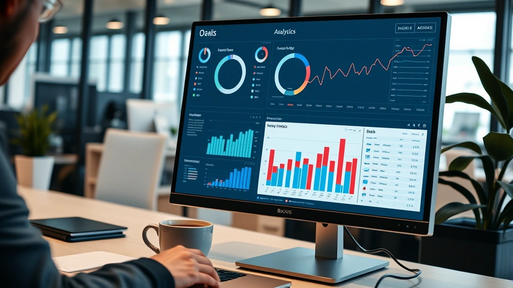 Data analytics dashboard displayed on computer monitor showing business metrics, charts, and performance indicators, modern office workspace, professional business setting with cup of coffee nearby, focused work environment