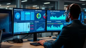 Professional cybersecurity analyst reviewing digital payment fraud detection dashboard with security alerts and seller verification metrics displayed on multiple monitors in modern office setting