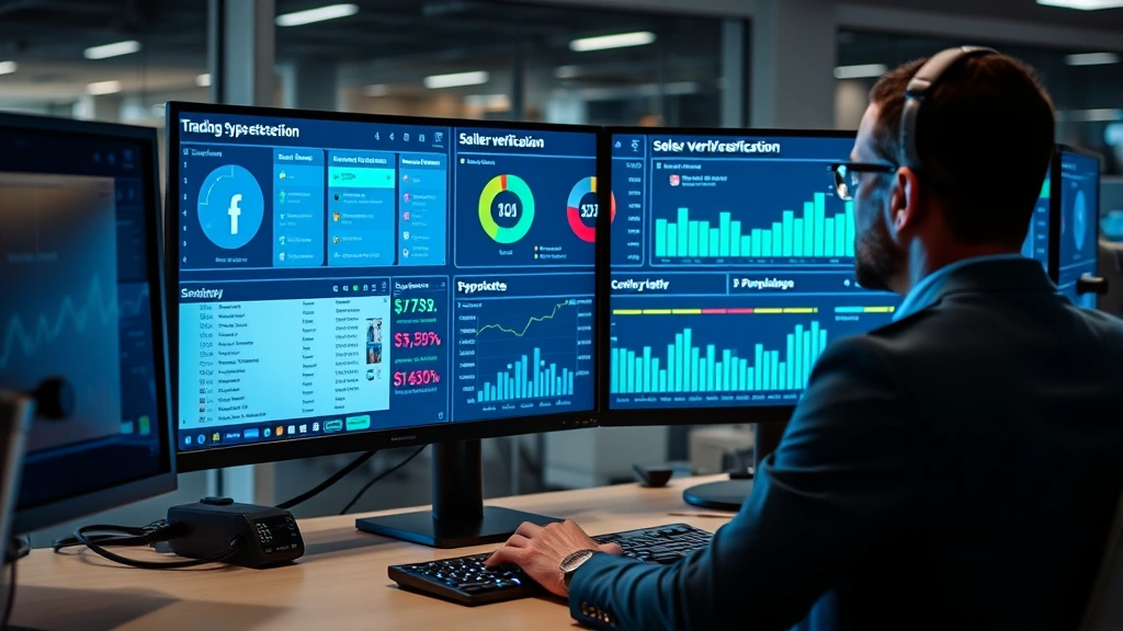 Professional cybersecurity analyst reviewing digital payment fraud detection dashboard with security alerts and seller verification metrics displayed on multiple monitors in modern office setting
