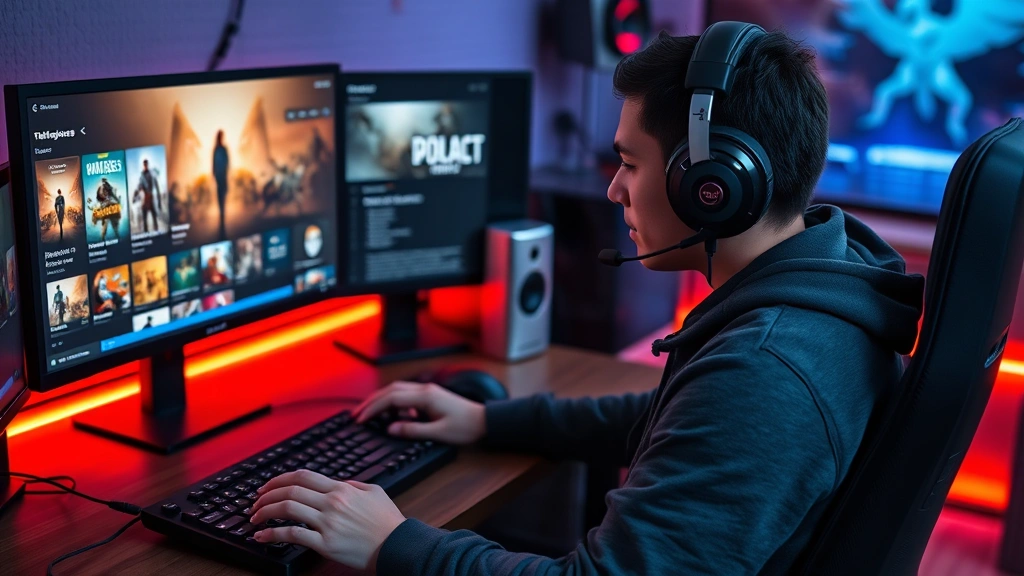 Gamer at computer desk with gaming headset, multiple monitors showing game library and marketplace interface, hands on keyboard ready to activate game key
