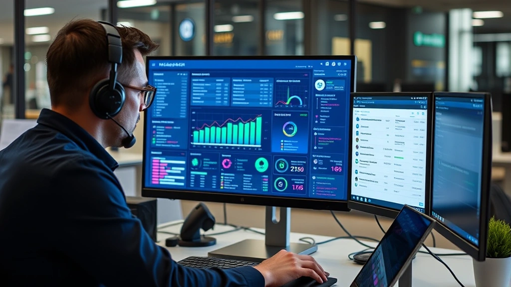 Cybersecurity expert analyzing payment fraud patterns on computer screen with data visualization showing transaction flows, security verification checkmarks, and fraud prevention algorithms in corporate setting