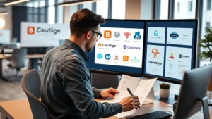 Professional designer reviewing logo concepts on high-resolution monitor in modern office, multiple logo sketches and brand guidelines visible, natural lighting through windows, corporate workspace environment