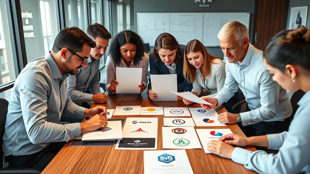 Diverse team of business professionals collaborating around table examining printed logo variations in different colors and sizes, professional meeting room setting, focused expressions analyzing brand identity materials