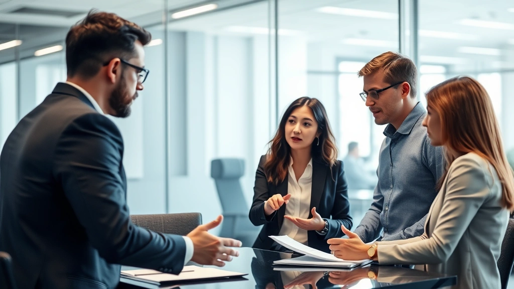 Four business professionals in a high-pressure meeting room, some standing and gesturing while discussing strategy, intense concentration, modern corporate office environment with glass walls