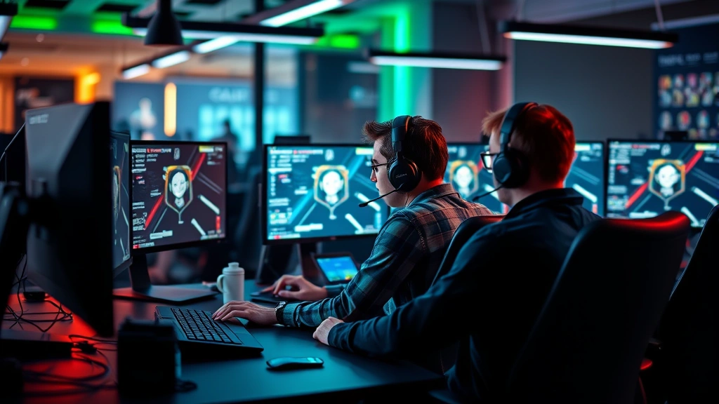 Three team members wearing headsets at individual workstations in a tech-focused command center, monitoring screens, professional gaming setup aesthetic, collaborative intensity, modern office design