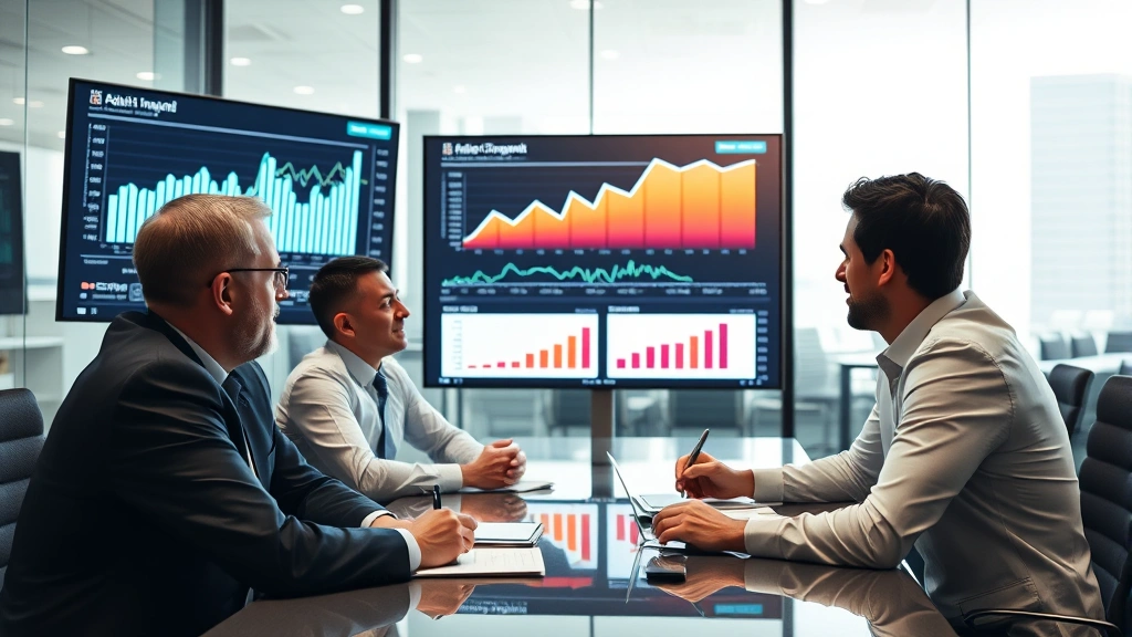 Corporate executives in boardroom discussing financial charts and growth metrics on large display screens, serious expressions, professional attire, modern office setting with glass walls