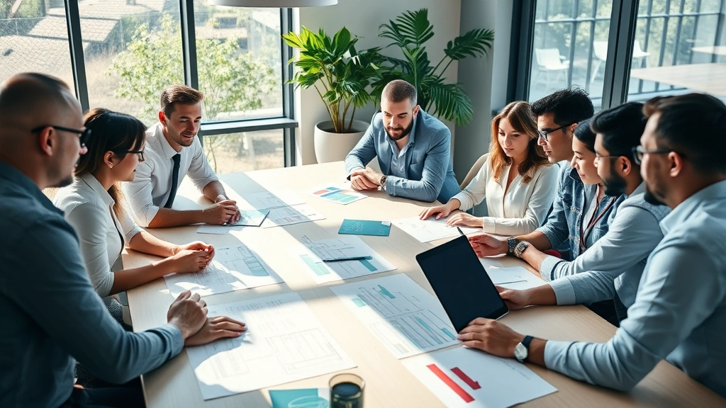 Business team collaborating around large table with sustainability and resilience planning documents, positive atmosphere, natural lighting, diverse professionals working together on strategic planning
