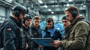Professional team in tactical gear performing coordinated planning session around illuminated holographic map display, serious focused expressions, modern industrial facility background, dramatic overhead lighting