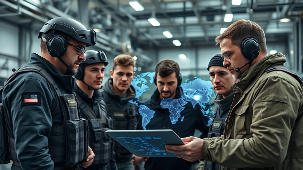 Professional team in tactical gear performing coordinated planning session around illuminated holographic map display, serious focused expressions, modern industrial facility background, dramatic overhead lighting