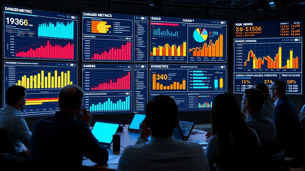 Corporate risk management meeting showing executives analyzing danger metrics on large display screens, data visualizations showing casualty rates and profit margins, tense atmosphere, boardroom setting