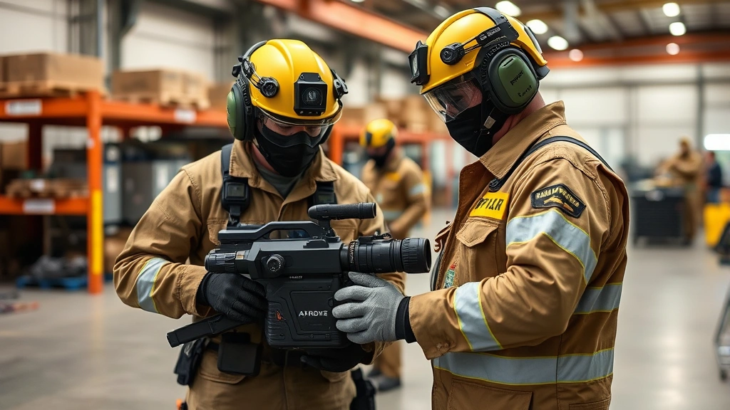 Experienced field operatives performing equipment verification and maintenance checks before dangerous mission, methodical preparation process, industrial warehouse environment, professional safety-focused procedures