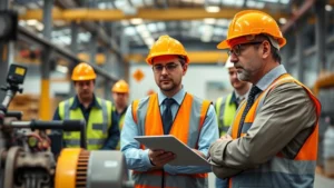 Professional executive in hard hat conducting safety inspection at industrial facility, reviewing equipment with technical staff, serious focused demeanor, modern warehouse setting with safety signage visible