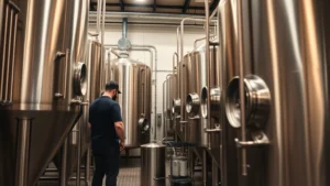 Professional craft brewery interior with stainless steel fermentation tanks, brewmaster in action, warm lighting highlighting quality equipment and production process