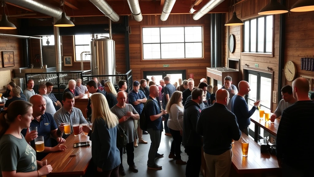Bustling brewery taproom with customers enjoying beverages, casual social atmosphere, wood and industrial design elements, natural light from windows