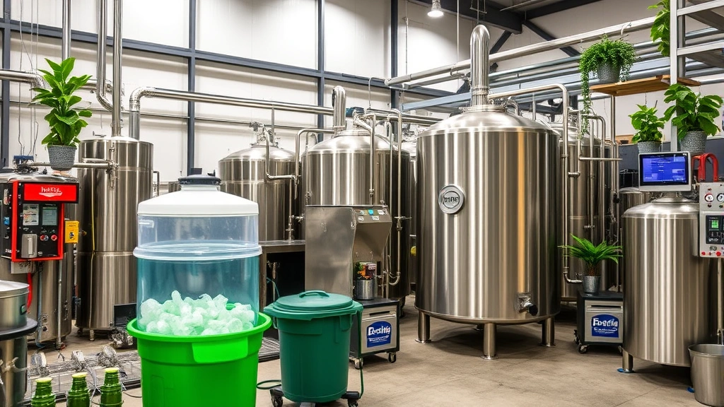 Sustainable brewery operations showing water conservation systems, recycling equipment, green initiatives, modern facility demonstrating environmental responsibility