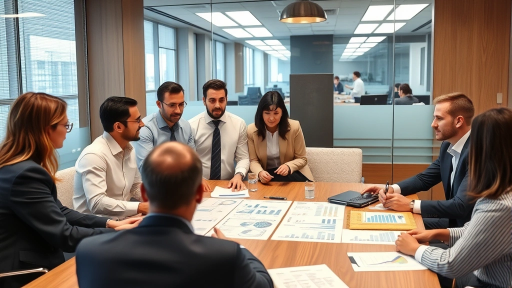 Diverse team of entrepreneurs and business managers in a commercial bank meeting room discussing expansion plans with financial charts and growth projections visible on a table
