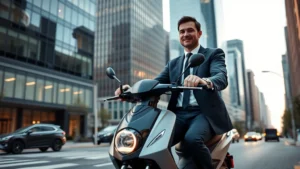 Professional businessman in business suit riding electric scooter on modern city street during daytime, skyscrapers in background, confident expression, urban environment, photorealistic, high quality