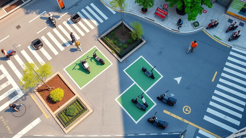 Aerial view of busy city intersection with multiple electric scooters parked in designated green zones, pedestrians walking, urban planning perspective, daytime, photorealistic corporate photography