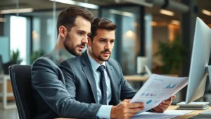 Professional male executive in modern office environment reviewing reports and data on computer, serious focused expression, contemporary business attire, corporate workspace background