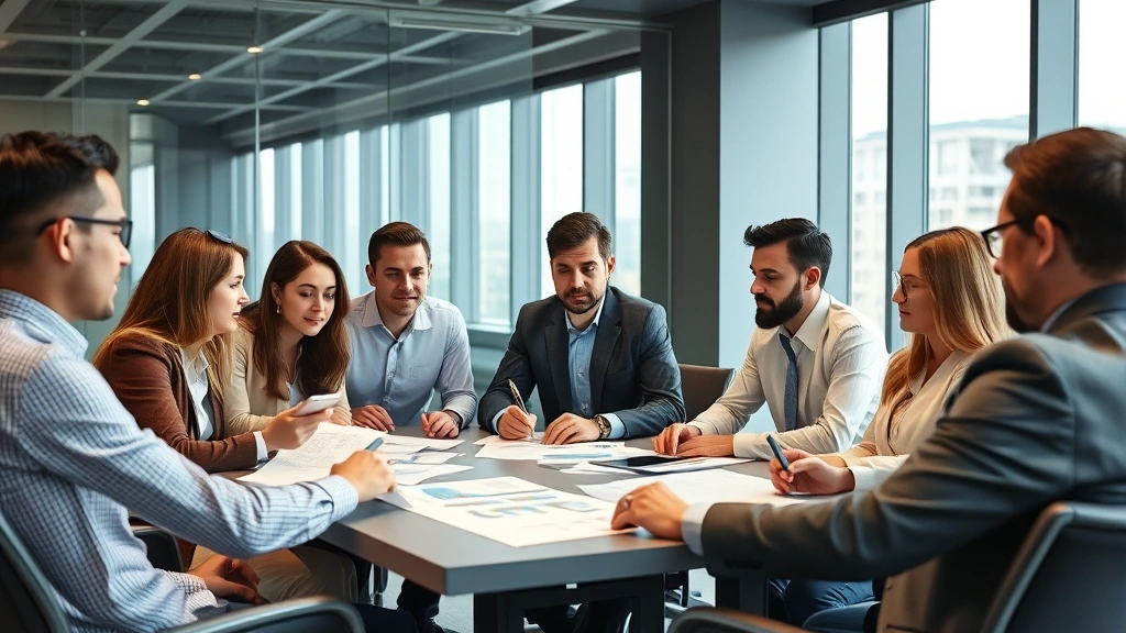 Diverse team of business professionals in meeting room engaged in strategic discussion, reviewing documents and charts, collaborative atmosphere, modern corporate conference setting