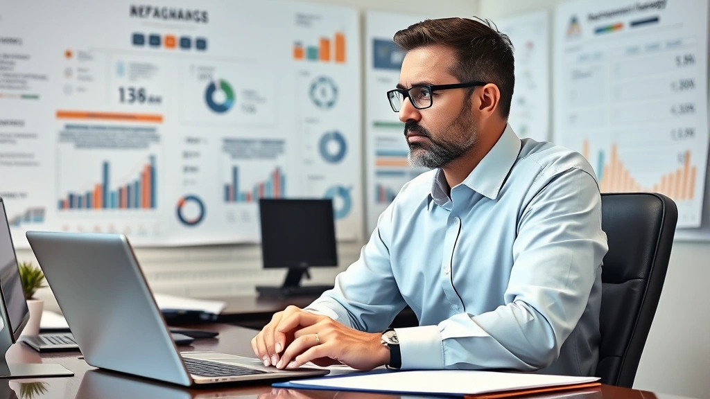 Senior business leader at desk making important decisions, surrounded by organizational charts and performance metrics, contemplative professional expression, executive office environment