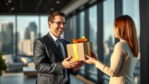 Executive in modern office presenting premium gift box to colleague, natural lighting, professional attire, genuine appreciation moment, blurred city skyline background