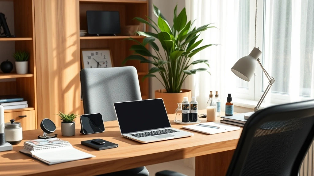 Professional displaying personalized tech accessories and wellness items arranged on desk, modern office setting, natural wood and minimalist design, morning sunlight