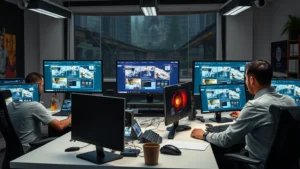 Professional game development studio workspace with multiple designers collaborating at modern desks, large monitors displaying game interface design mockups, creative atmosphere with artistic reference materials visible, corporate office environment emphasizing creative teamwork and digital innovation