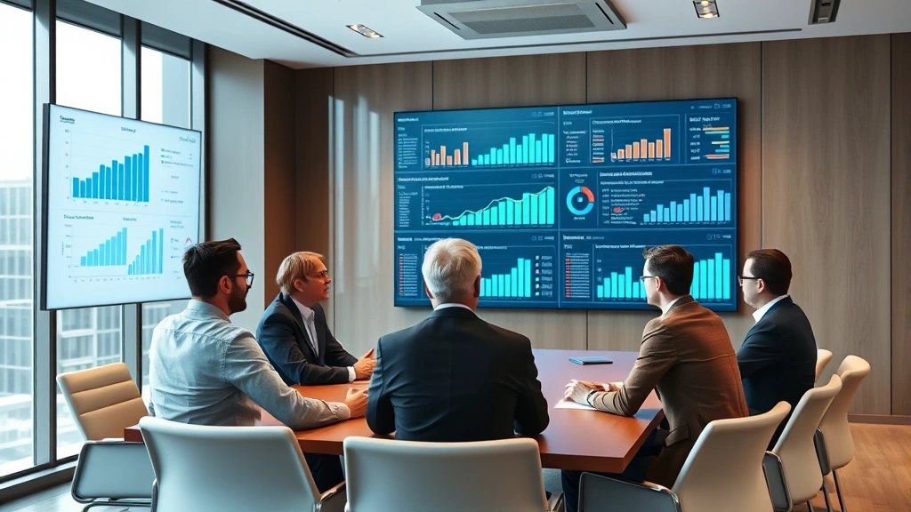 Strategic business meeting in modern conference room with executives reviewing analytics dashboards and market performance metrics on large display screens, professional attire, sophisticated data visualization showing player engagement trends and revenue models, corporate setting emphasizing data-driven decision making
