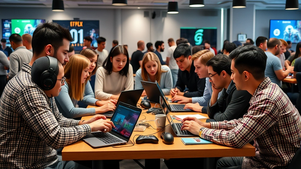 Community engagement event showing diverse players discussing gaming strategy around a table with laptops and gaming devices, collaborative atmosphere, professional casual setting, people of various backgrounds engaged in discussion, representing global gaming community and player interaction