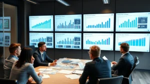Executive team in modern conference room reviewing strategic documents and market analysis charts on large display screens, professional attire, focused discussion environment