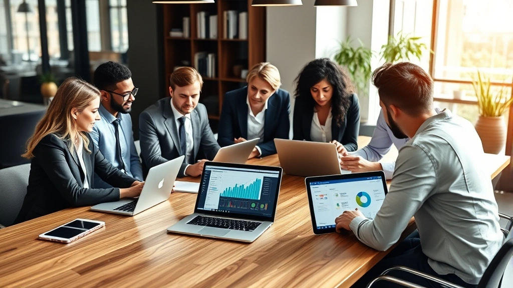 Business professionals collaborating at sleek wooden table with laptops and analytical dashboards visible, diverse team engaged in strategy session, contemporary office setting with natural lighting