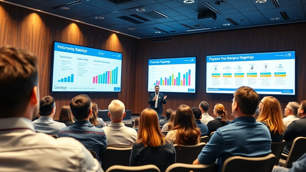 Corporate leader presenting to engaged audience in professional auditorium, presenting performance metrics and strategic roadmap on large screens, business casual attire, dynamic presentation