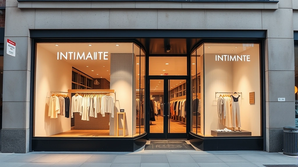 Modern retail storefront with elegant window display featuring intimate apparel products, professional branding, welcoming entrance, sophisticated minimalist aesthetic, daytime urban retail setting