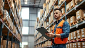 Professional warehouse manager conducting inventory audit with clipboard and tablet, checking stock levels on organized shelves with labeled bins, modern distribution center lighting, confident posture, natural daylight from windows