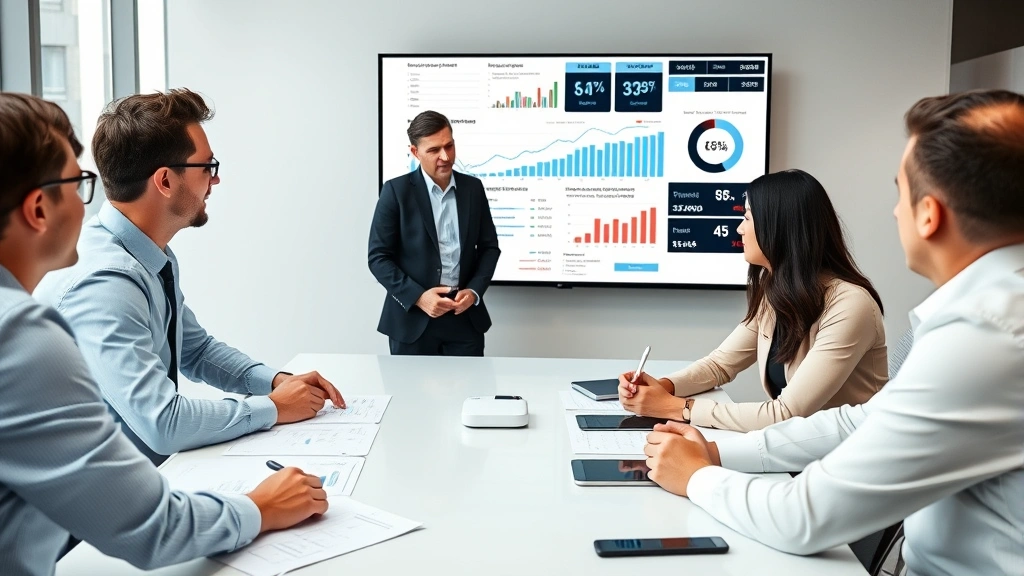 Business team in modern office conference room reviewing sales charts and performance metrics on large monitor, collaborative discussion with data visualizations visible, professional attire, focused expressions analyzing growth strategies