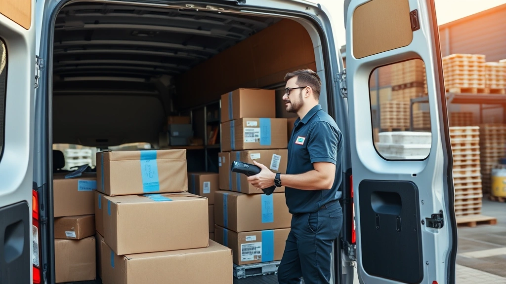 Delivery driver efficiently loading organized packages into commercial van, using barcode scanner, professional uniform, organized loading dock with systematic inventory arrangement, morning light, systematic operations