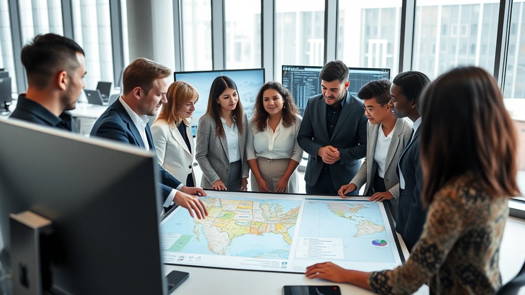 Diverse team of business professionals in modern collaborative workspace, reviewing location data on large monitors and maps, discussing site selection strategy, natural lighting through large windows, diverse ethnic representation