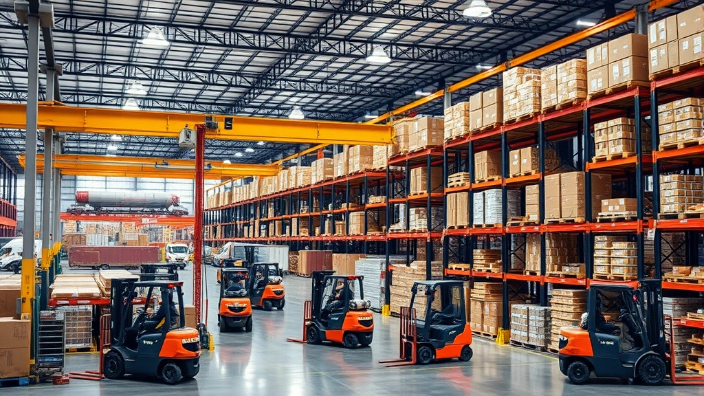 Logistics and distribution center with efficient warehouse operations, forklifts and inventory management systems, transportation infrastructure visible in background, professional industrial setting demonstrating supply chain connectivity and operational infrastructure