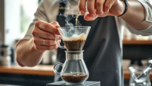 Professional barista carefully steeping loose leaf tea in clear glass brewing vessel with precision pour-over technique, steam rising, bright natural lighting from window, modern minimalist cafe counter background, photorealistic