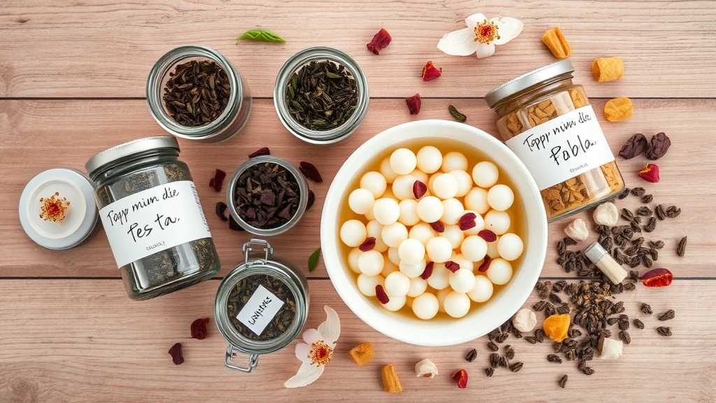 Overhead flat-lay composition of premium loose leaf tea varieties in glass jars with handwritten labels, fresh boba pearls in bowl, natural ingredients like jasmine flowers and dried fruit scattered artfully, wooden surface, natural daylight, photorealistic